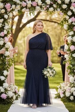 Adrianna Papell Navy Sequin Beaded Mother of the Bride Dress Formal Evening Gown